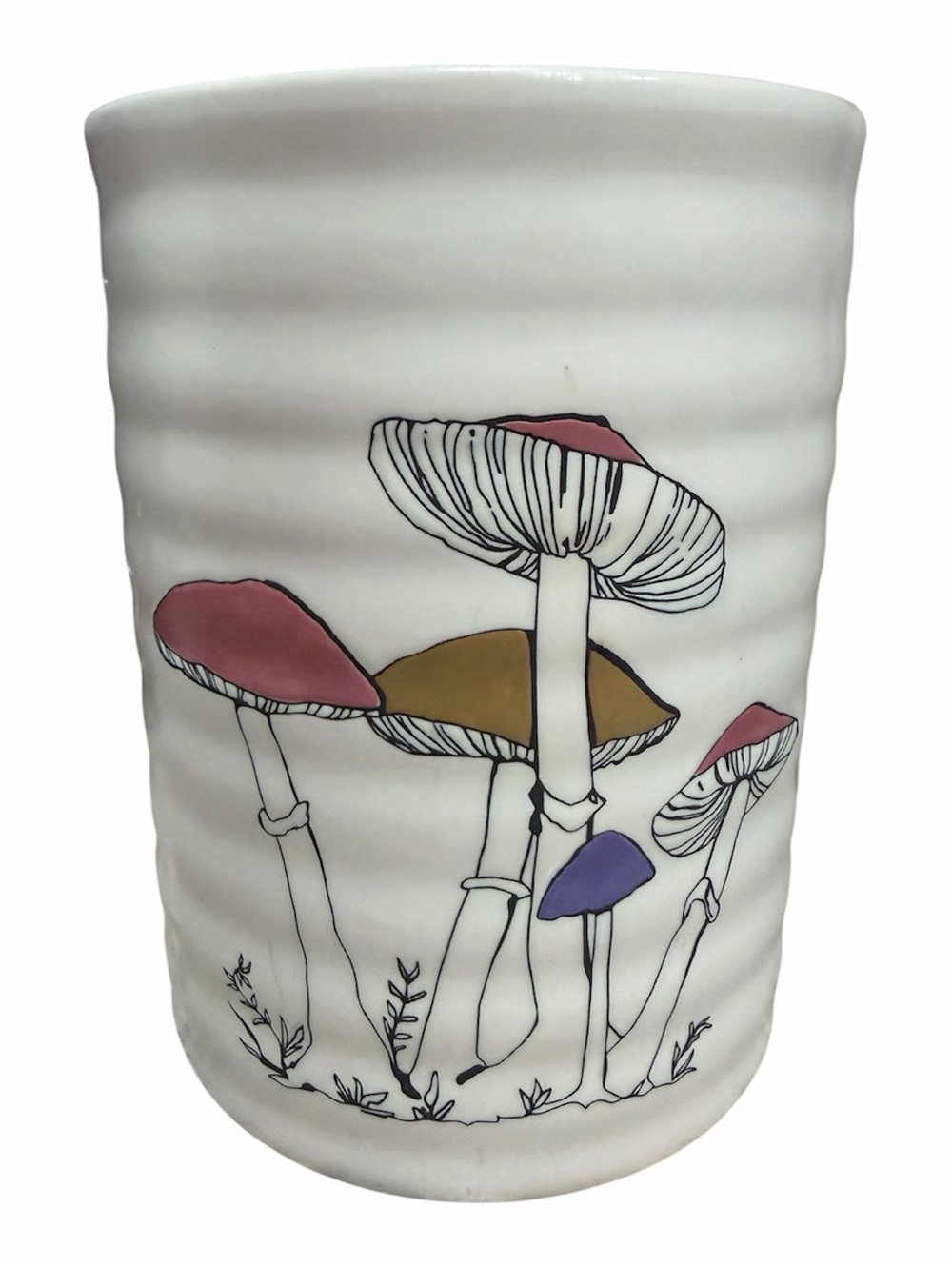 Hand-Painted Mushroom Ceramic Vase in White with Pink, Gold, and Purple Accents